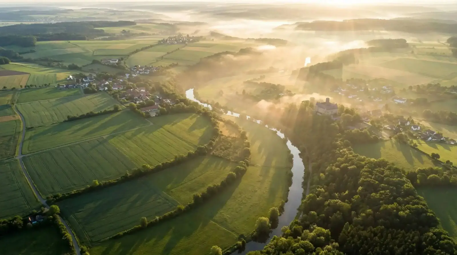 Drohnenaufnahme über grüner Landschaft