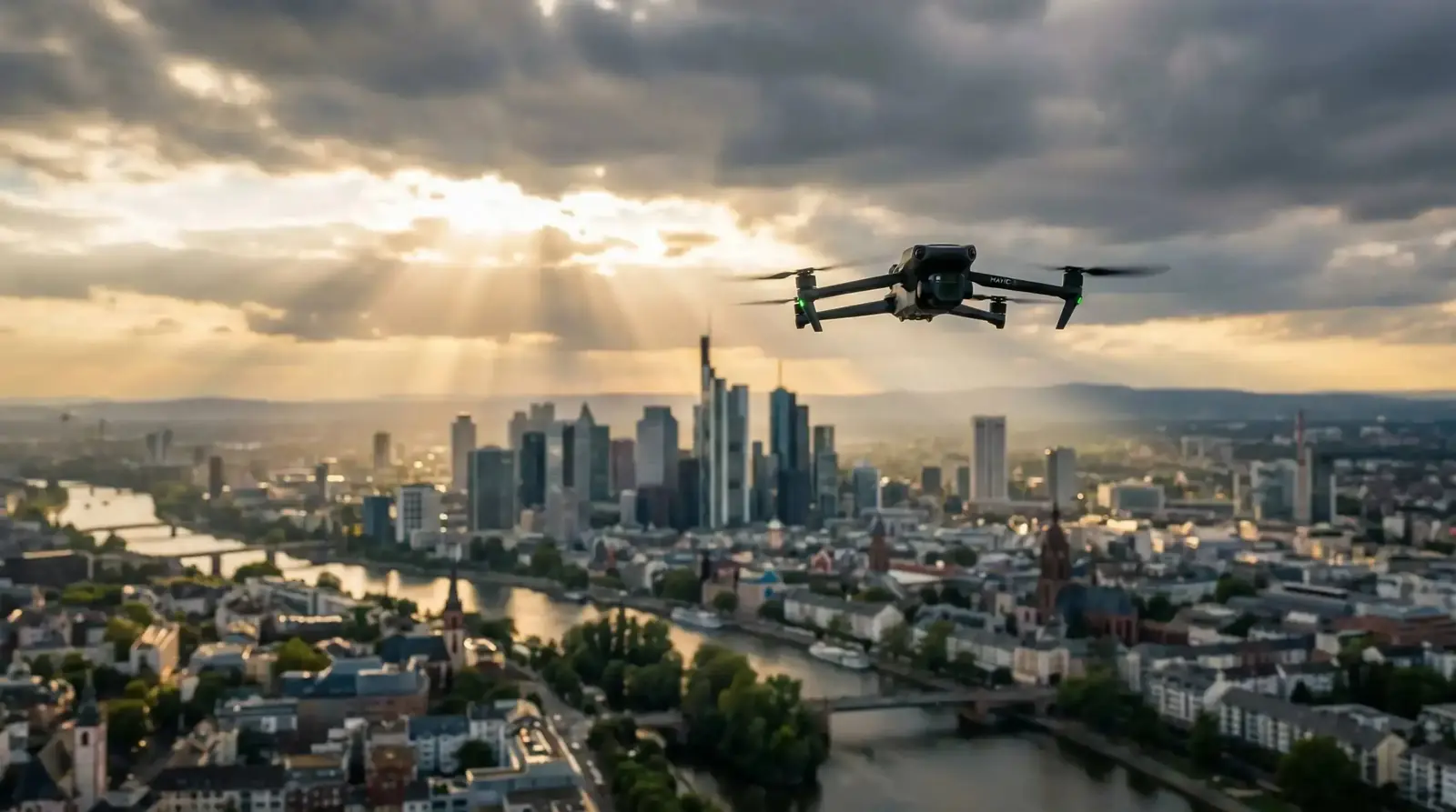 Professionelle Drohne im Flug über einer Stadt bei Sonnenuntergang