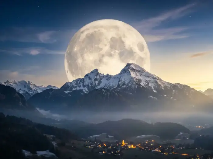 Übergroßer Vollmond aufgehend hinter den Bayerischen Alpen